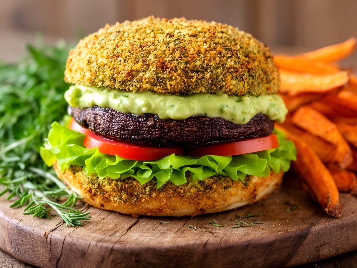 Herb-Crusted Portobello Mushroom Burgers with Creamy Avocado Aioli