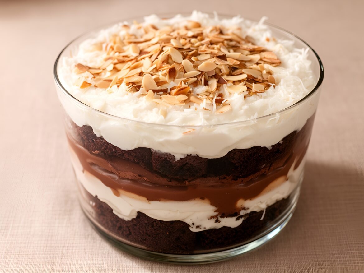Indulgent Almond Joy Layered Brownie Trifle