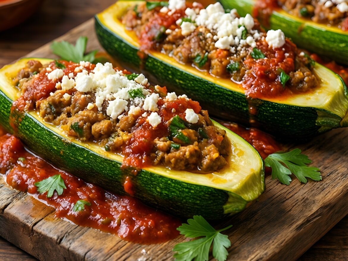 Mediterranean Lamb and Feta Stuffed Zucchini Boats