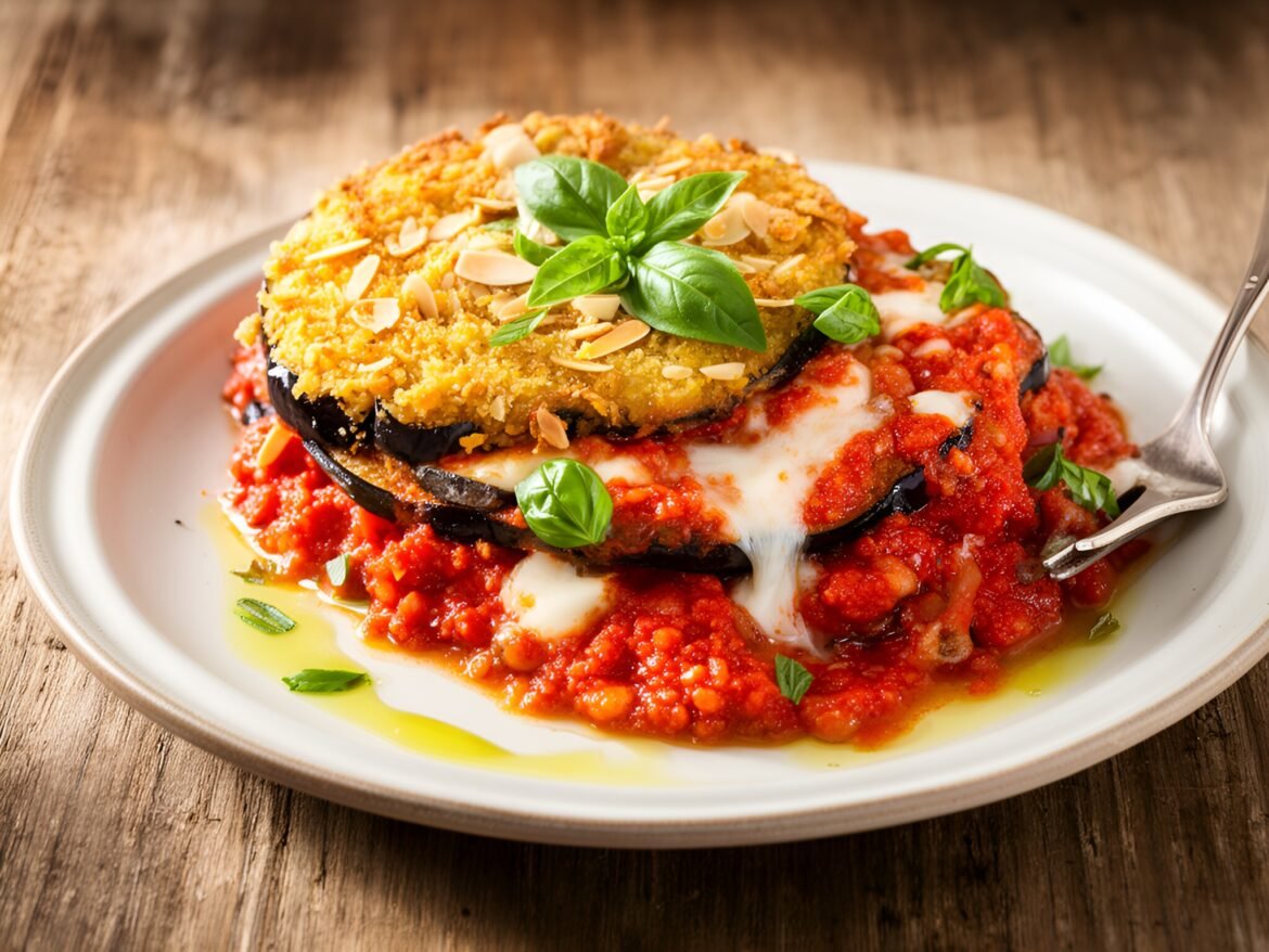 Savory Almond-Crusted Eggplant Parmesan with Fresh Basil Marinara