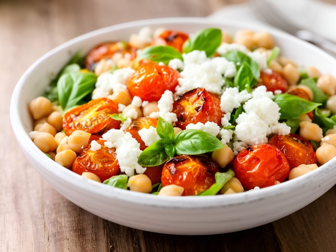 Savory Roasted Tomato and Basil Chickpea Salad with Feta Crumbles