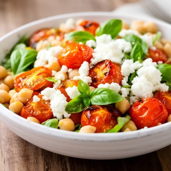 Savory Roasted Tomato and Basil Chickpea Salad with Feta Crumbles
