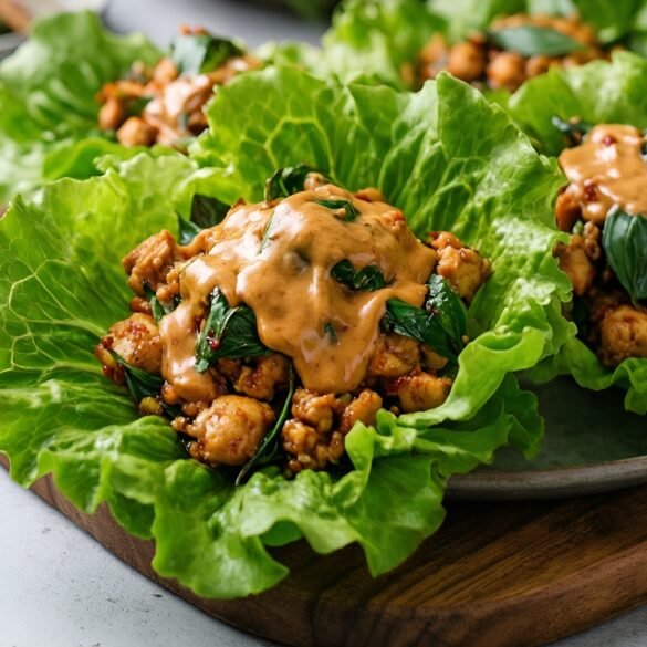 Savory Thai Basil Chicken Lettuce Wraps with Creamy Spicy Peanut Sauce