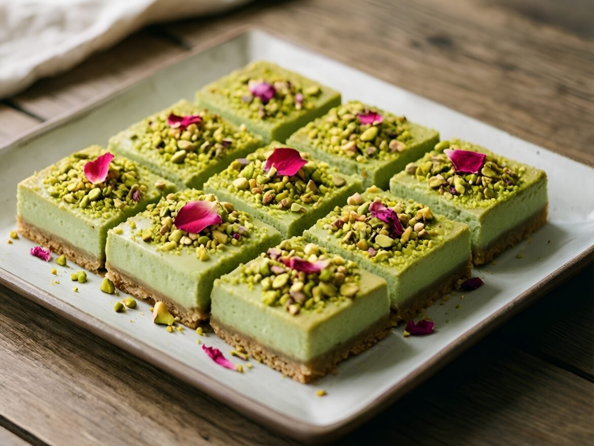 Silky Creamy Pistachio Rosewater Cheesecake Bars