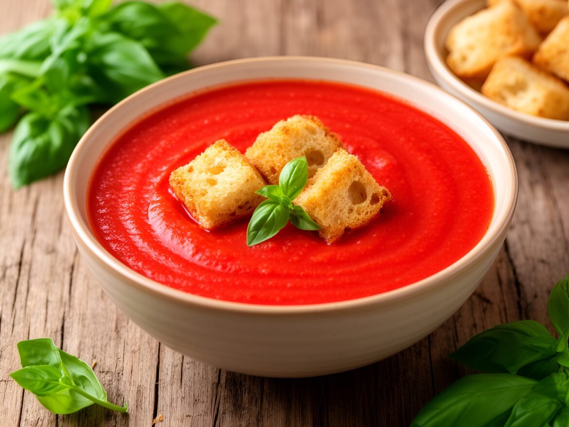 Smoky Tomato-Basil Bisque with Toasted Ciabatta Croutons