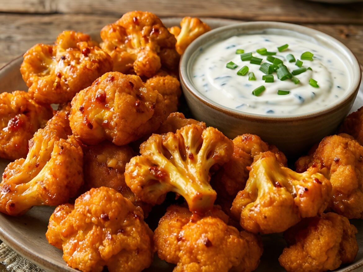 Spicy Tangy Buffalo Cauliflower Bites with Creamy Ranch Dip