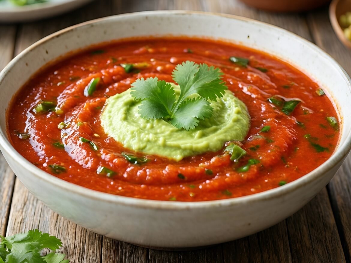 Spicy Tom Yum Gazpacho with Avocado Cream