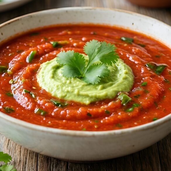 Spicy Tom Yum Gazpacho with Avocado Cream