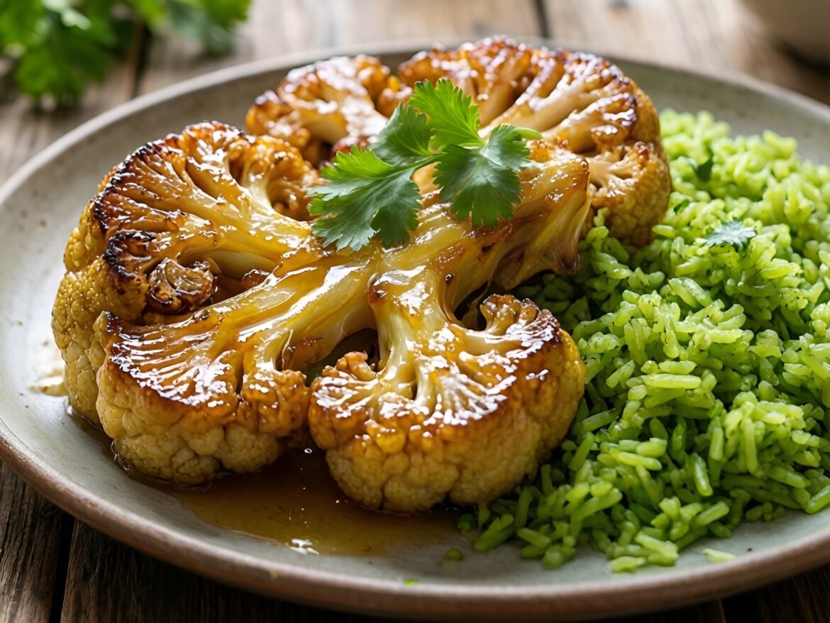 Sweet and Spicy BBQ Cauliflower Steaks with Cilantro-Lime Rice