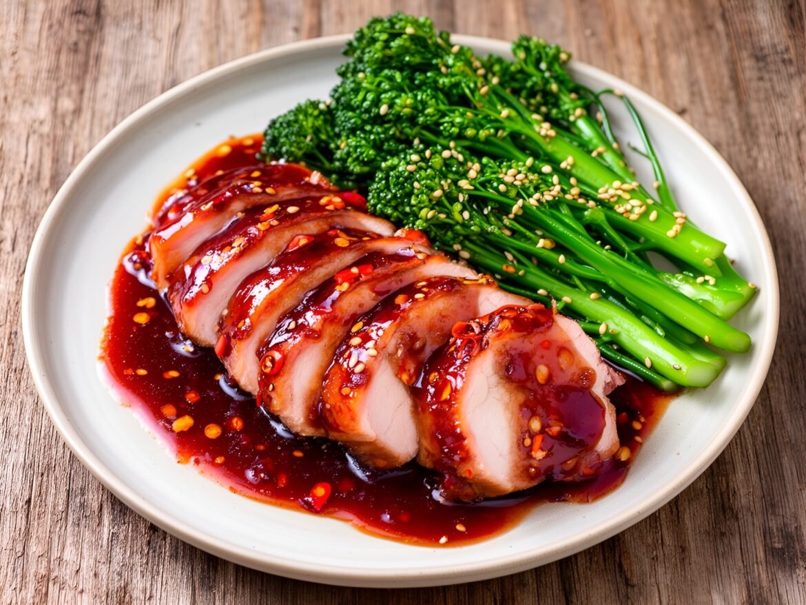 Sweet and Spicy Korean Glazed Pork Tenderloin with Sesame Broccolini