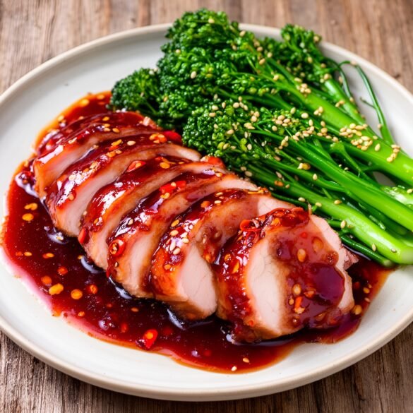 Sweet and Spicy Korean Glazed Pork Tenderloin with Sesame Broccolini