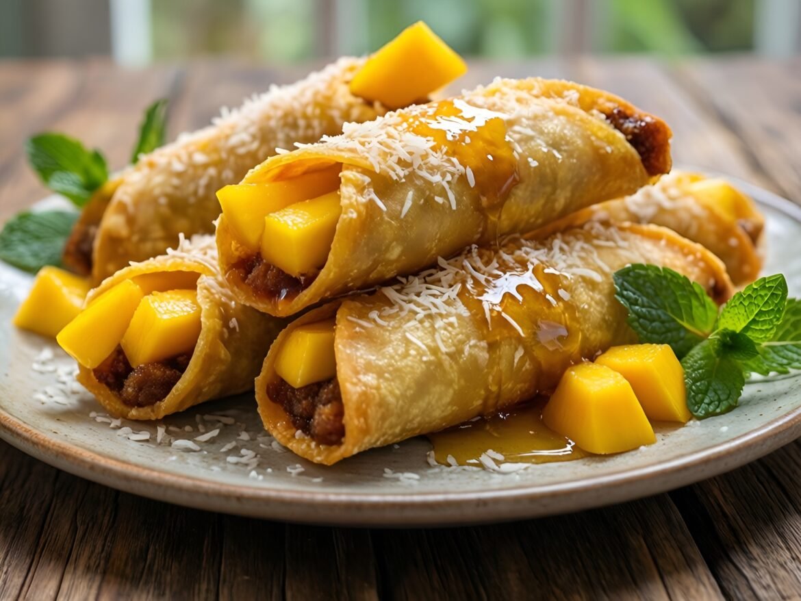 Tropical Coconut-Crusted Mango Breakfast Taquitos with Honey Drizzle