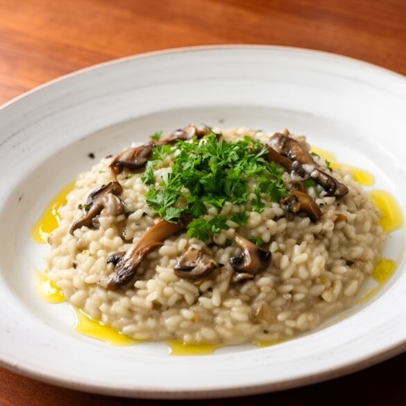 Umami-Packed Mushroom-Garlic Risotto with a Truffle Oil Finish