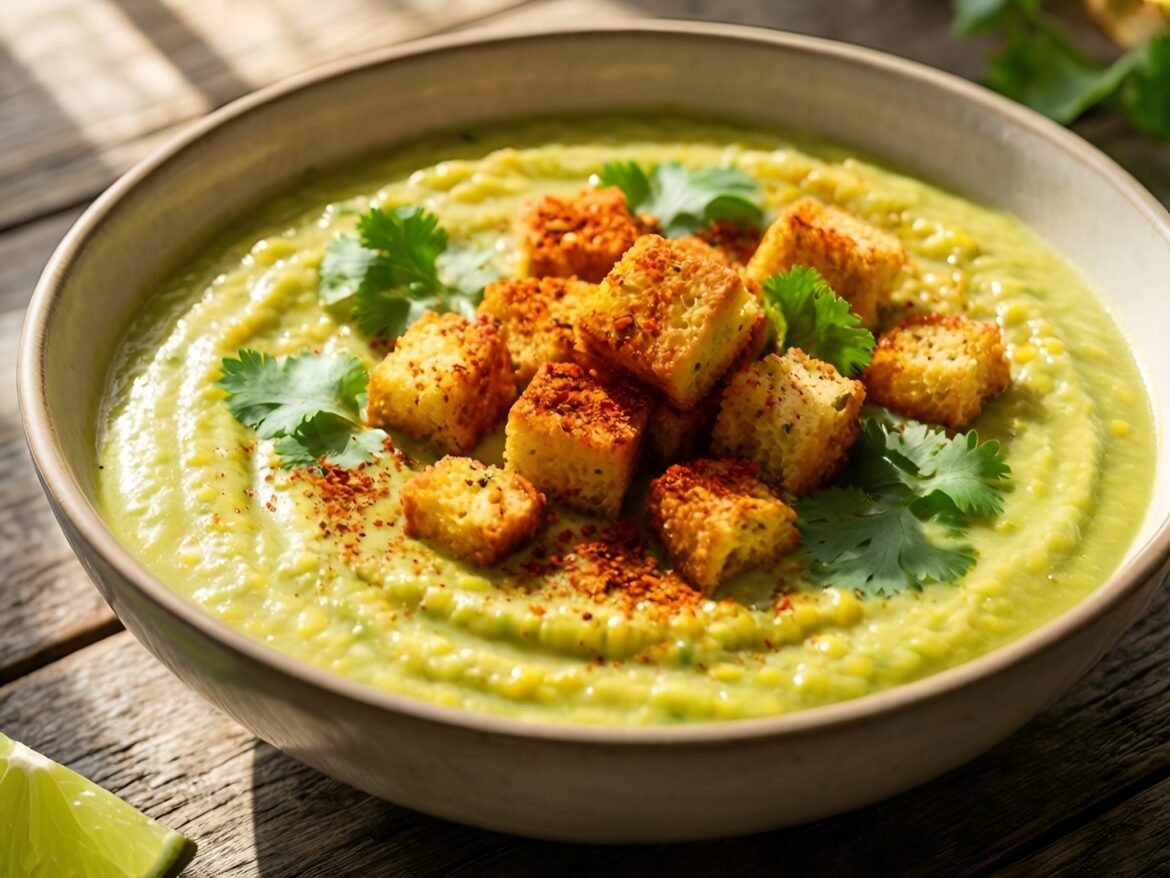 Velvety Sweet Corn and Avocado Soup with Spicy Chili-Lime Croutons