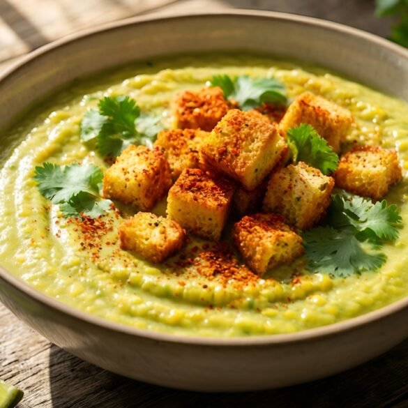 Velvety Sweet Corn and Avocado Soup with Spicy Chili-Lime Croutons