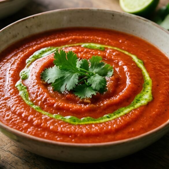 Vibrant Roasted Red Pepper Cilantro Soup with a Zesty Lime Drizzle