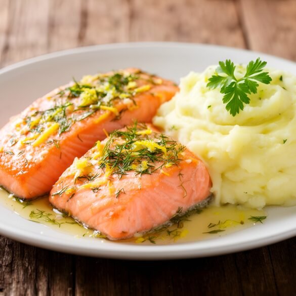 Zesty Lemon-Dill Baked Salmon with Creamy Garlic Mashed Potatoes